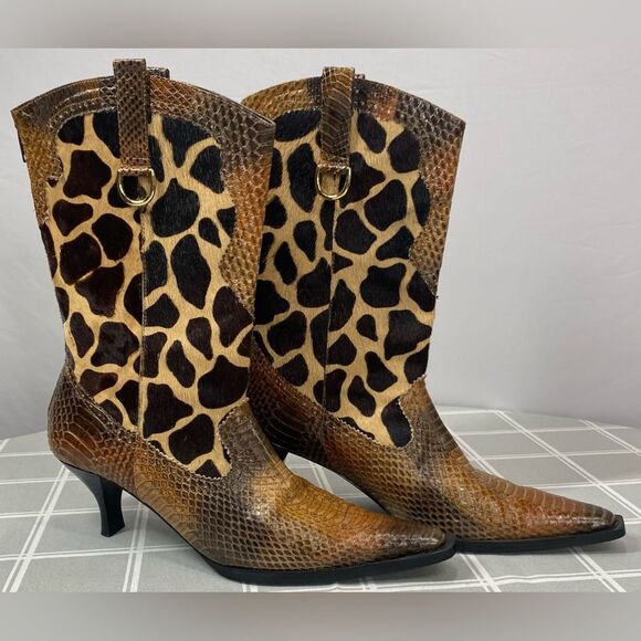 J Renee Womens Size 7.5 Lioness Boots Shoes Snakeskin Fur Giraffe Print Pattern - Picture 1 of 15
